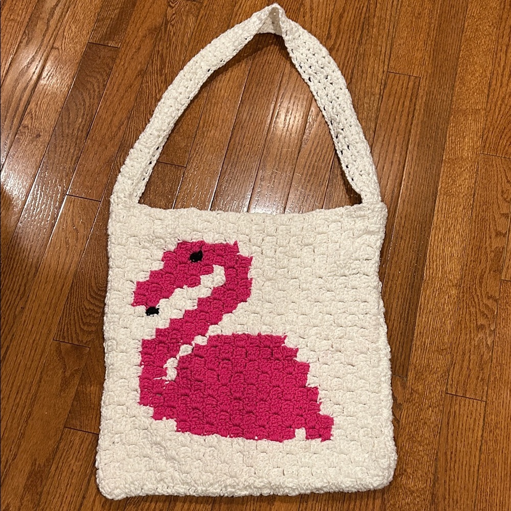 Brand New Crocheted Handmade White and Pink Flamingo Tote/Beach/Market Bag